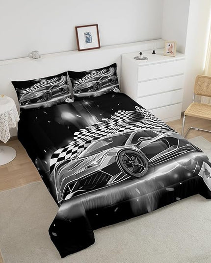 Feelyou Racing Car Comforter Set, Cool Speed Race Car Down Comforter King for Kids Boys Girls Teens Bedroom, Automobile Extreme Sport Bedding Set Plaid Checkered Duvet Sets with 2 Pillowcases,Grey - LeafyLoom