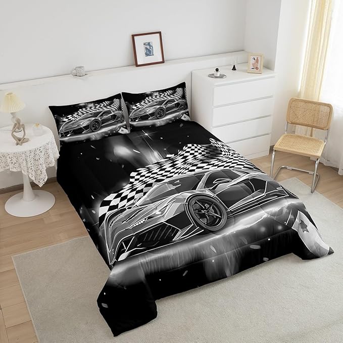 Feelyou Racing Car Comforter Set, Cool Speed Race Car Down Comforter King for Kids Boys Girls Teens Bedroom, Automobile Extreme Sport Bedding Set Plaid Checkered Duvet Sets with 2 Pillowcases,Grey - LeafyLoom