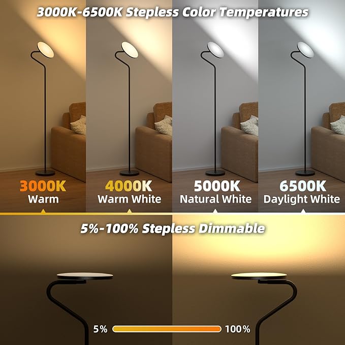 Floor Lamp, 36W Upgraded Rotatable Floor Lamps for Living Room, Super Bright Standing Lamp with Remote Control, Stepless Adjustable Colors & Brightness Floor Lamp for Bedroom and Office - LeafyLoom