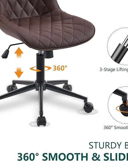 YOUNUOKE Office Chair Desk Chair with Wheels, Thick Upholstery Armless Computer Chair Task Chairs, Small Cute Home Office Desk Chair, Faux Leather Swivel Side Chair, Loads Up to 300LBS, Brown - LeafyLoom