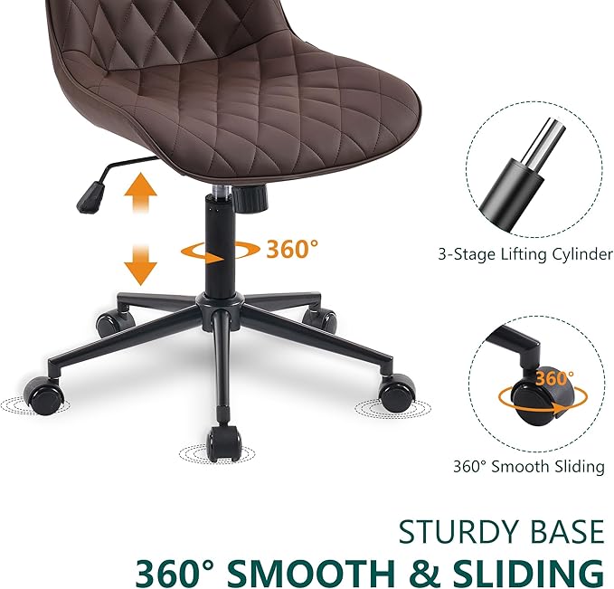 YOUNUOKE Office Chair Desk Chair with Wheels, Thick Upholstery Armless Computer Chair Task Chairs, Small Cute Home Office Desk Chair, Faux Leather Swivel Side Chair, Loads Up to 300LBS, Brown - LeafyLoom