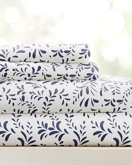 Linen Market 4 Piece Queen Bedding Sheet Set (Navy Vines) - Sleep Better Than Ever with These Ultra-Soft & Cooling Bed Sheets for Your Queen Size Bed - Deep Pocket Fits 16" Mattress - LeafyLoom