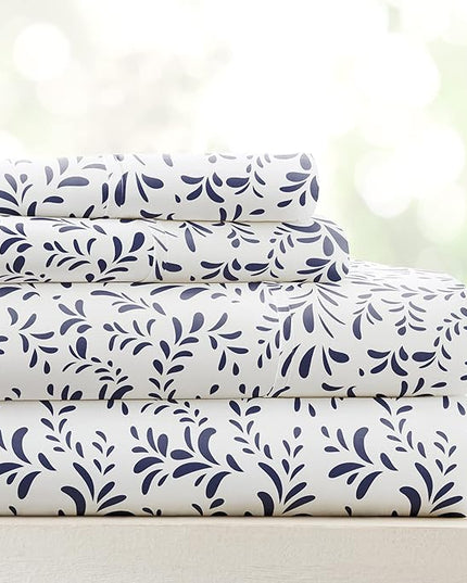 Linen Market Easy Care Double Brushed Microfiber 16" Deep Pocket 4 Piece Bed Sheet Set, Burst of Vines Navy, King - LeafyLoom