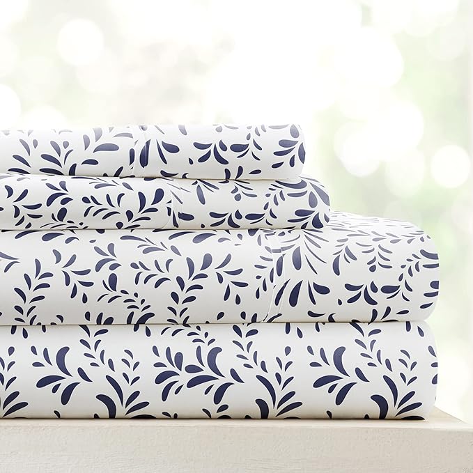 Linen Market Easy Care Double Brushed Microfiber 16" Deep Pocket 4 Piece Bed Sheet Set, Burst of Vines Navy, King - LeafyLoom