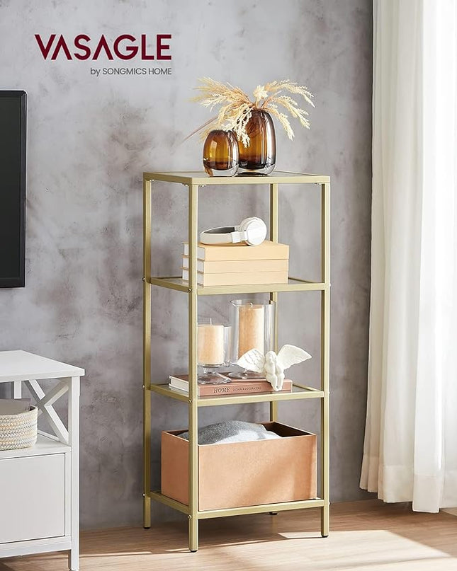 VASAGLE Bookcase, 4-Tier Bookshelf, Slim Shelving Unit for Bedroom, Bathroom, Home Office, Tempered Glass, Steel Frame, Metallic Gold ULGT28G - LeafyLoom