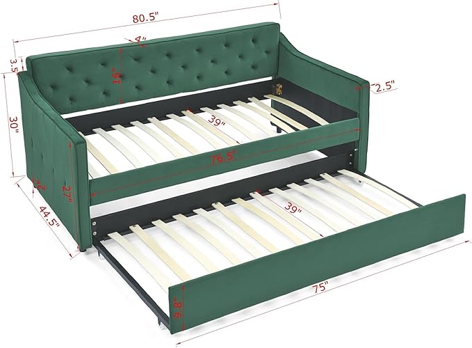 Upholstered Twin Size Daybed with Twin Trundle, Solid Wood Sofa Bed w/Button Tufted Backrest and Waved Shape Arms, for Kids, Living Room, Bedroom, Dorm, No Box Spring Needed, Green - LeafyLoom