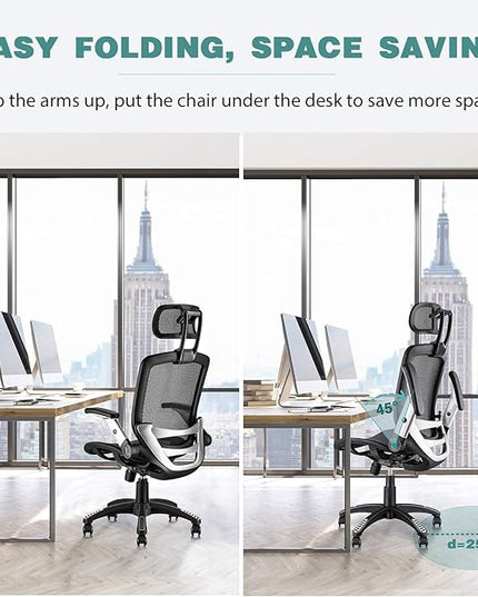 GABRYLLY Ergonomic Mesh Office Chair, High Back Desk Chair - Adjustable Headrest with Flip-Up Arms, Tilt Function, Lumbar Support and PU Wheels, Swivel Computer Task Chair - LeafyLoom