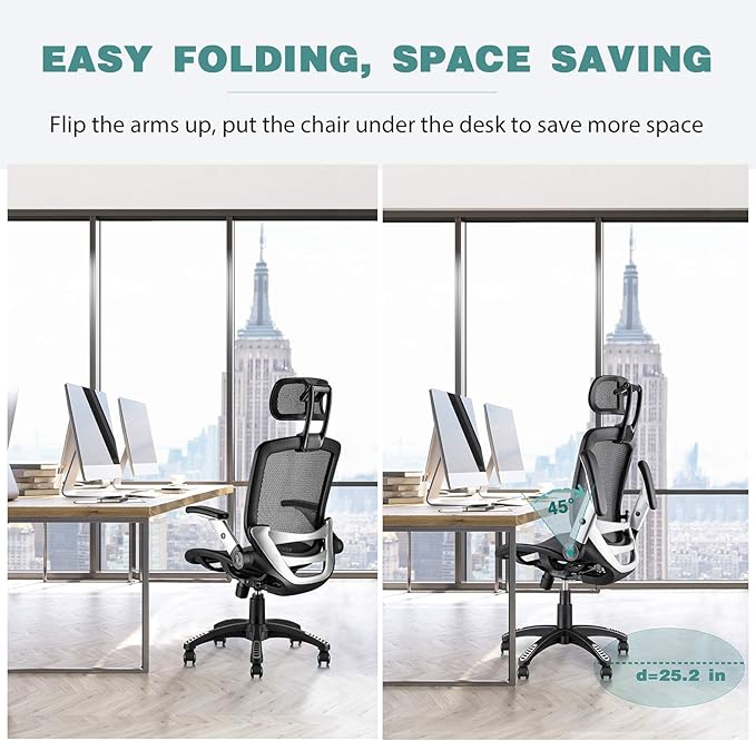 GABRYLLY Ergonomic Mesh Office Chair, High Back Desk Chair - Adjustable Headrest with Flip-Up Arms, Tilt Function, Lumbar Support and PU Wheels, Swivel Computer Task Chair - LeafyLoom