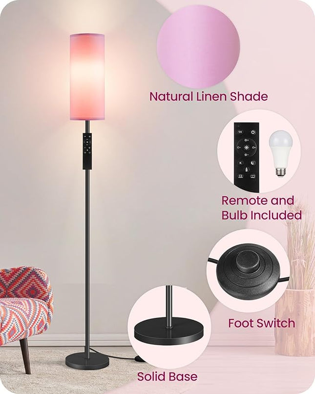 Dimmable Floor Lamp for Living Room, Corner Floor Lamp with Remote, 66'' Standing Tall Lamp, Linen Lampshade, 10W 800LM LED Bulb for Bedroom Study, FCC Listed Black and Pink P06LD05 - LeafyLoom