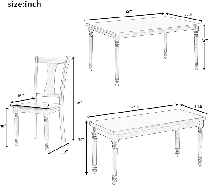 6-Piece Classic Dinette Sets Rectangular Wooden Kitchen Dining Table, 4 Chairs & Bench, for Diningroom Living Room, Easy to Assemble, Brown+Cottage White - LeafyLoom