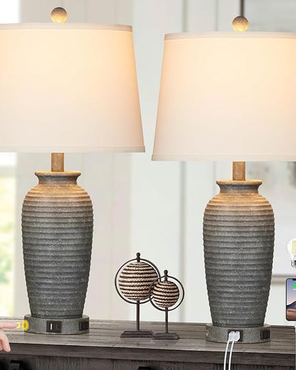 25" Farmhouse Jar Table Lamps Set of 2, 3 Way Touch Control Rustic Bedside Lamps with USB A+C Ports & AC Outlet, Pot Nightstand Lamps for Bedroom Living Room (LED Bulbs Included) - LeafyLoom