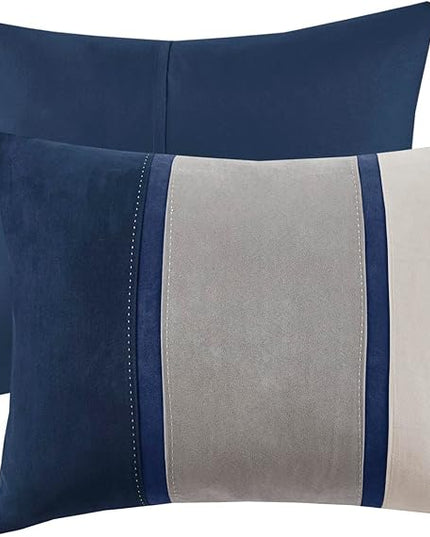 Madison Park Palisades Comforter Set Modern Faux Suede Pieced Stripe Design, All Season Down Alternative Cozy Bedding with Matching Shams, Decorative Pillows, Cal King(104"x92"), Blue 7 Piece - LeafyLoom