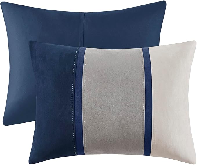 Madison Park Palisades Comforter Set Modern Faux Suede Pieced Stripe Design, All Season Down Alternative Cozy Bedding with Matching Shams, Decorative Pillows, King(104"x92"), Blue 7 Piece - LeafyLoom