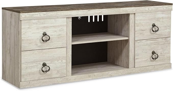 Signature Design by Ashley Willowton Shabby Chic Large TV Stand up to 60" with 3 Shelves and Fireplace Option, White - LeafyLoom
