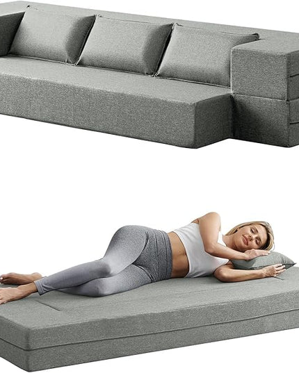 Convertible Folding Sofa - Modern Linen Fabric Coffee Table, Foldable Floor&Futon Couch, Space-Saving Chair with Pillow for Living Room/Dorm/Guest Room/Home Office/Apartment,Twin XL,Light Gray - LeafyLoom