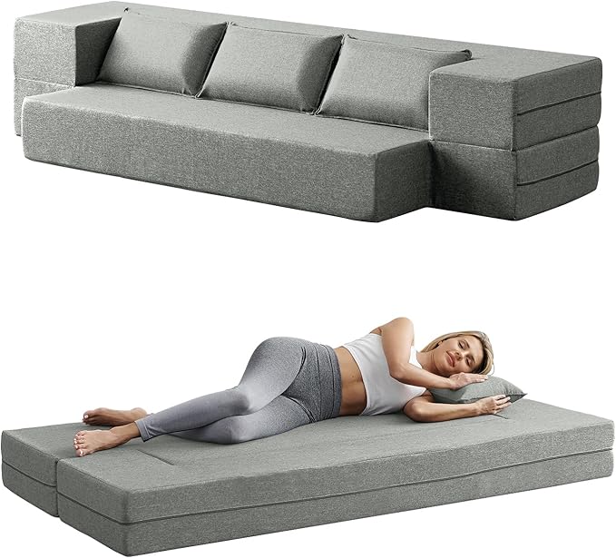 Convertible Folding Sofa - Modern Linen Fabric Coffee Table, Foldable Floor&Futon Couch, Space-Saving Chair with Pillow for Living Room/Dorm/Guest Room/Home Office/Apartment,Twin XL,Light Gray - LeafyLoom