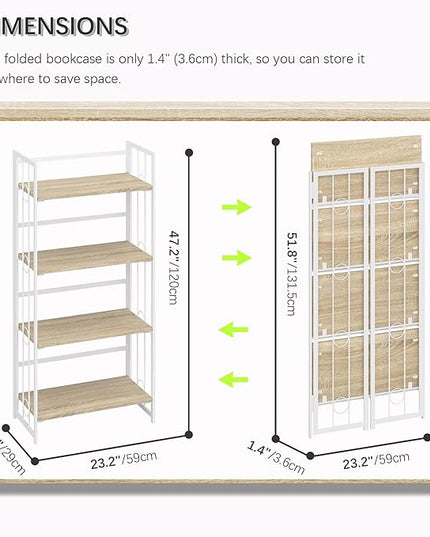 4NM No-Assembly 4 Tiers Folding Bookshelf Storage Shelves Vintage Bookcase Standing Racks Study Organizer Home Office - Natural and White - LeafyLoom