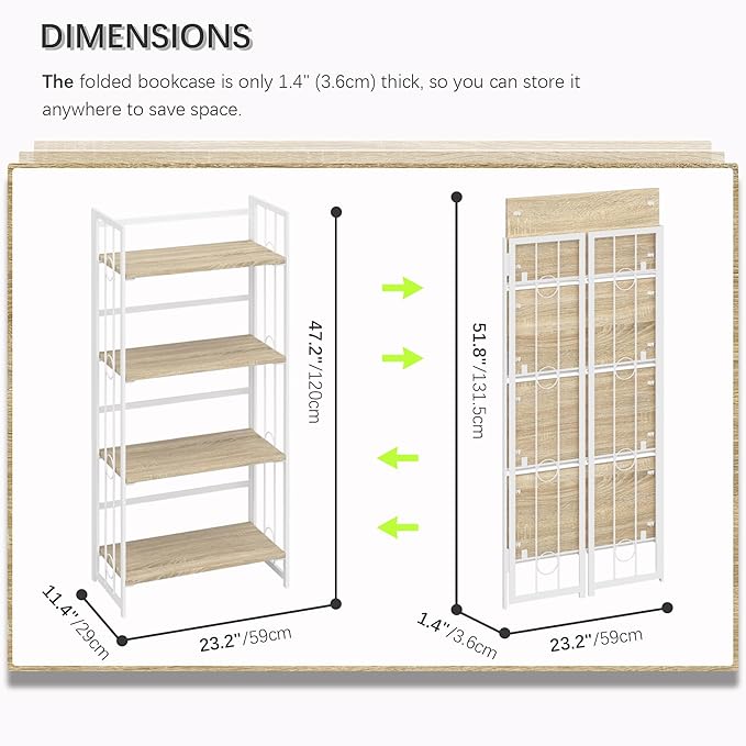 4NM No-Assembly 4 Tiers Folding Bookshelf Storage Shelves Vintage Bookcase Standing Racks Study Organizer Home Office - Natural and White - LeafyLoom