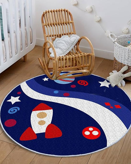 Eanpet Round Rug for Kids Room 4ft Nonslip Circle Area Rug for Boys and Girls Soft Toddlers Play Mat Circular Nursery Rug Indoor Floor Mats Carpet for Children Classroom Playroom Bedroom,Universe - LeafyLoom