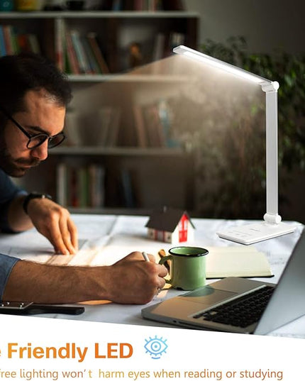 Desk Lamp, Desk Light, Dimmable Table Lamp, 7W, 5 Color Modes, 6 Brightness Levels, Touch Control, Memory Function, LED Foldable Led Lamp for Reading, Working, Office, Study (Silver) - LeafyLoom