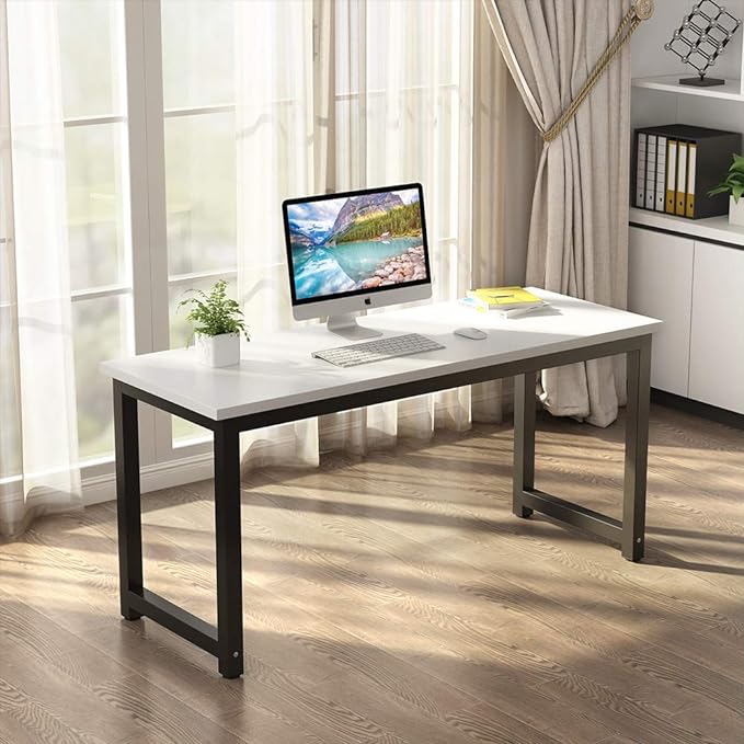 Tribesigns Computer Desk, 55 inch Large Office Desk Computer Table Study Writing Desk for Home Office, White + Black Leg - LeafyLoom
