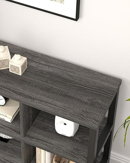 FOLUBAN 6 Cube Storage Organizer with Shelf, Wood and Metal Cubby Bookcase, Industrial Low Horizontal Bookshelf (Dark Grey, 47 Inch) - LeafyLoom