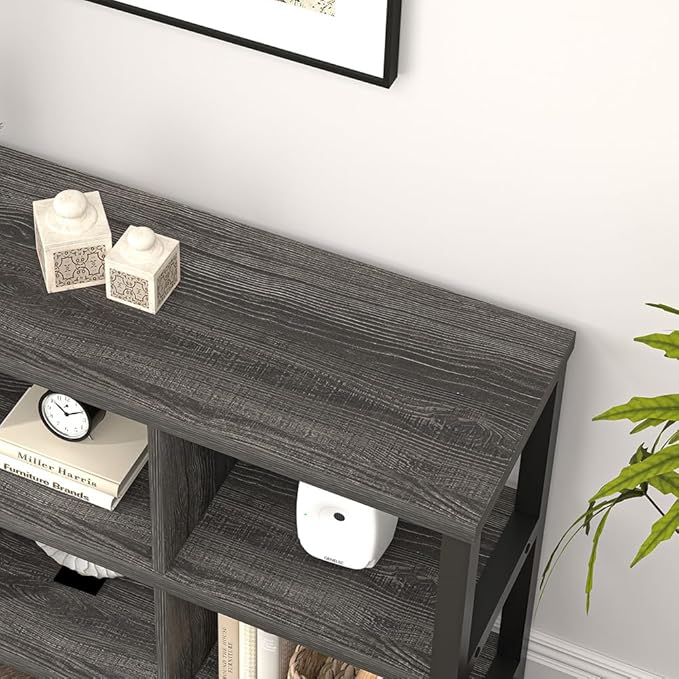 FOLUBAN 6 Cube Storage Organizer with Shelf, Wood and Metal Cubby Bookcase, Industrial Low Horizontal Bookshelf (Dark Grey, 47 Inch) - LeafyLoom