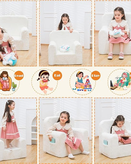 Snuggly-Soft Cuddly Toddler Plush Armchair for Boys and Girls Fuzzy Plush Kids Sofa Couch Reading Chair with Children Friendly Handle for Easy Movement & Double Pockets for Good Storage, Cream - LeafyLoom