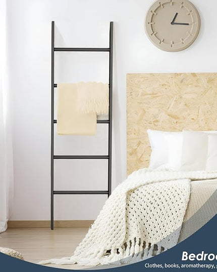 5-Tier Blanket Ladder Wooden, Non-Folding 4.8FT(57.5'') Blanket Quilt Holder Rack Decorative Ladder, Easy Assembly, Rustic Farmhouse Ladder Shelf for The Living Room Bedroom Home Decor, Black - LeafyLoom