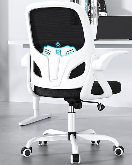 Office Desk Chair with Lumbar Support Ergonomic Mesh Office Chair with Wheels and Flip-up Armrests Adjustable Height Swivel Computer Chair for Home and Office (White) - LeafyLoom