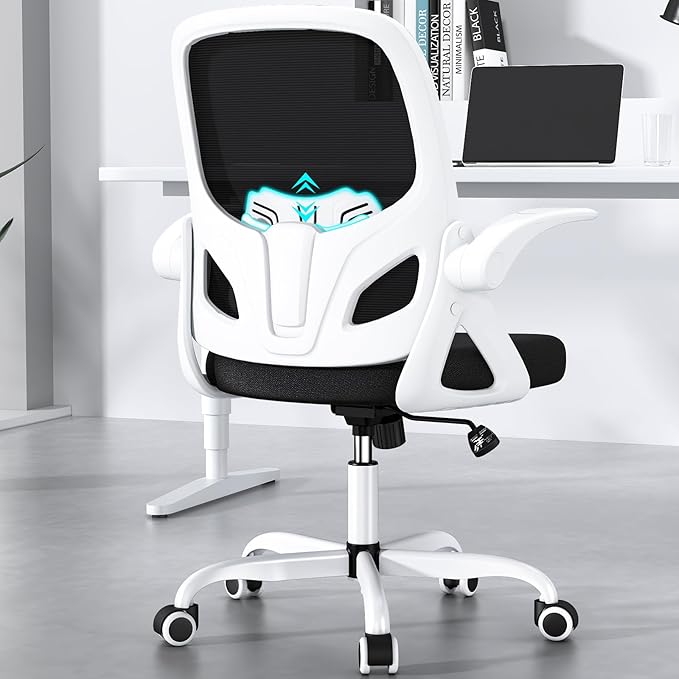 Office Desk Chair with Lumbar Support Ergonomic Mesh Office Chair with Wheels and Flip-up Armrests Adjustable Height Swivel Computer Chair for Home and Office (White) - LeafyLoom