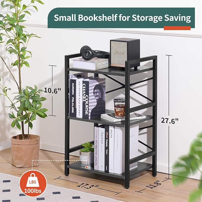 Yoobure Bookshelf Small Book Shelf, Solid Industrial 3 Tier Shelf Bookcase, Short Book Case for Bedroom, Living Room, Office Home, Small Spaces, Charcoal Gray - LeafyLoom