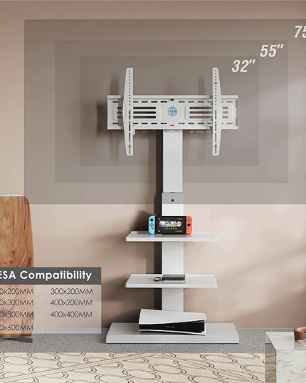 FITUEYES Iron Base Universal Floor TV Stand Corner Swivel Tilt Mount for 32-75 Inch TVs with Height Adjustable Entertainment Shelves Wire Management (White) - LeafyLoom