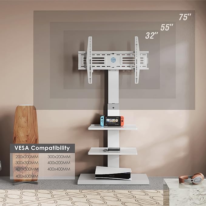 FITUEYES Iron Base Universal Floor TV Stand Corner Swivel Tilt Mount for 32-75 Inch TVs with Height Adjustable Entertainment Shelves Wire Management (White) - LeafyLoom