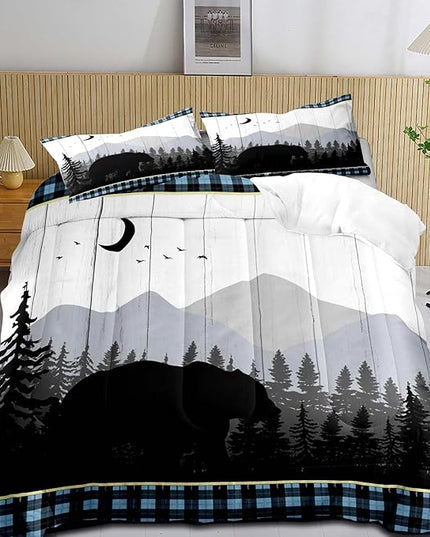 LUVIVIHOME 3PCS Bear Comforter Set King Size, Rustic Cabin Bedding Quilt, Blue Black Plaid Mountain Tree Forest Animal Wildlife Hunting Hunter Lodge Country Farmhouse Bedroom Decor, 2 Pillow Shams - LeafyLoom