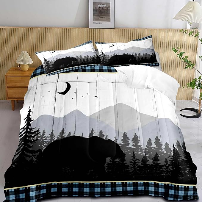 LUVIVIHOME 3PCS Bear Comforter Set King Size, Rustic Cabin Bedding Quilt, Blue Black Plaid Mountain Tree Forest Animal Wildlife Hunting Hunter Lodge Country Farmhouse Bedroom Decor, 2 Pillow Shams - LeafyLoom
