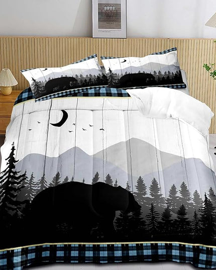 LUVIVIHOME 3PCS Bear Comforter Set Queen Size, Rustic Cabin Bedding Quilt, Blue Black Plaid Mountain Tree Forest Animal Wildlife Hunting Hunter Lodge Country Farmhouse Bedroom Decor, 2 Pillow Shams - LeafyLoom