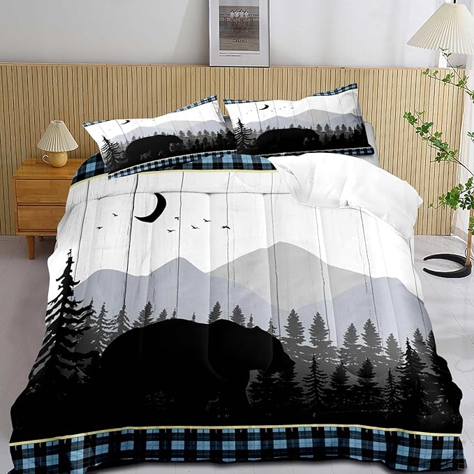 LUVIVIHOME 3PCS Bear Comforter Set Queen Size, Rustic Cabin Bedding Quilt, Blue Black Plaid Mountain Tree Forest Animal Wildlife Hunting Hunter Lodge Country Farmhouse Bedroom Decor, 2 Pillow Shams - LeafyLoom