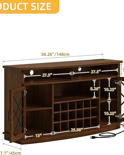 DWVO Wine Bar Cabinet with LED Light, 58'' Large Wine Cabinet w/Storage, Tempered Glass Doors, Adjustable Shelf, 32'' Tall Coffee Bar for Living Room, Dining Room, Rustic Brown - LeafyLoom