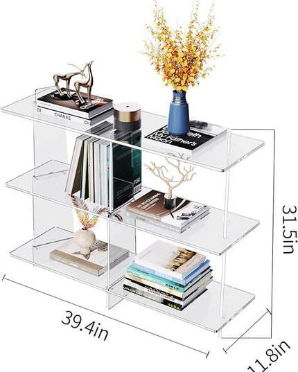 Acrylic Bookshelf, Small 3 tier Bookcase for Small Spaces,Acrylic Console Table, Hallway Entry Table for Living Room (Clear, 39.4'' x 11.8'' x 31.5'') - LeafyLoom