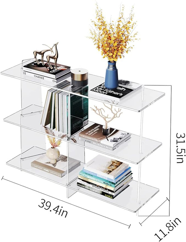Acrylic Bookshelf, Small 3 tier Bookcase for Small Spaces,Acrylic Console Table, Hallway Entry Table for Living Room (Clear, 39.4'' x 11.8'' x 31.5'') - LeafyLoom