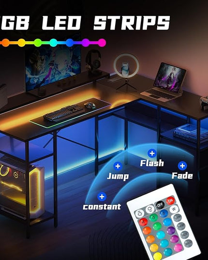 L-Shaped Home Office Desk with 2 Drawer Office Computer Desk with Monitor Stand Power Outlets and LED Lights Reversible Corner Gaming Desk 61 Inch Rustic Brown - LeafyLoom