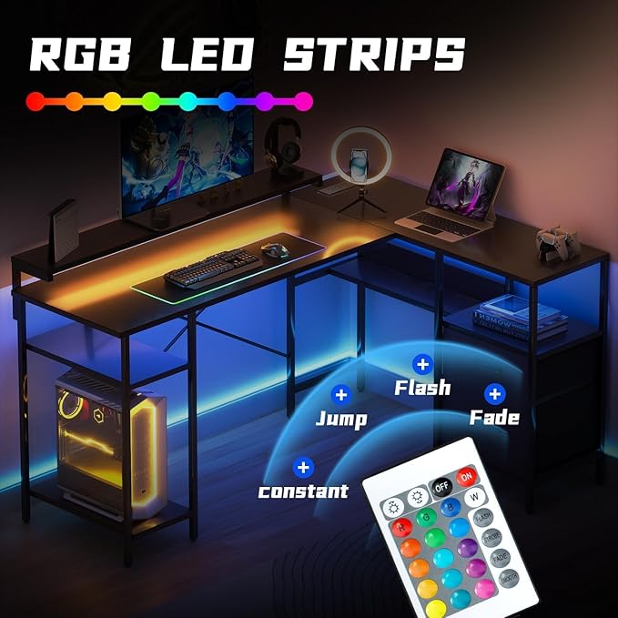 L-Shaped Home Office Desk with 2 Drawer Office Computer Desk with Monitor Stand Power Outlets and LED Lights Reversible Corner Gaming Desk 61 Inch Rustic Brown - LeafyLoom