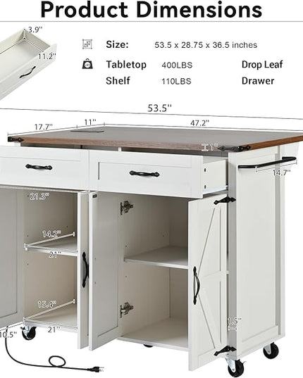 53.5'' Farmhouse Kitchen Cart with Power Outlet & Drop Leaf, Portable Mobile Table w/Spice, Towel Rack and Drawers, Rolling Islands on Wheels, for Home, Dining Room, 53.5 Inch, White 14 - LeafyLoom