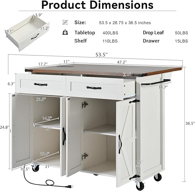 53.5'' Farmhouse Kitchen Cart with Power Outlet & Drop Leaf, Portable Mobile Table w/Spice, Towel Rack and Drawers, Rolling Islands on Wheels, for Home, Dining Room, 53.5 Inch, White 14 - LeafyLoom