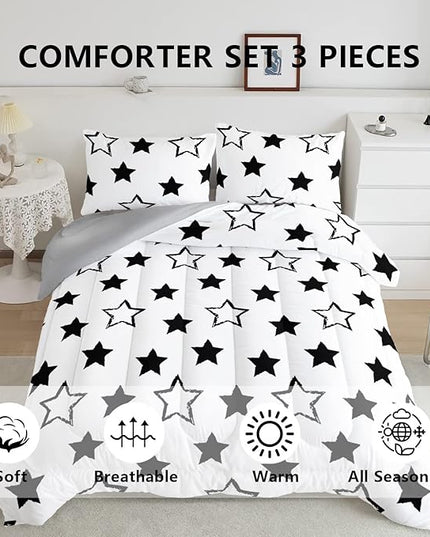 Axolotl Kids Twin Bedding Comforter Set,3Pcs Super Cute Soft Black and White Stars Quilt Set Bed in A Bag with 1 Comforter 2 Pillowcases for Kids Boys Girls Teens Adults Room Decor All Season - LeafyLoom