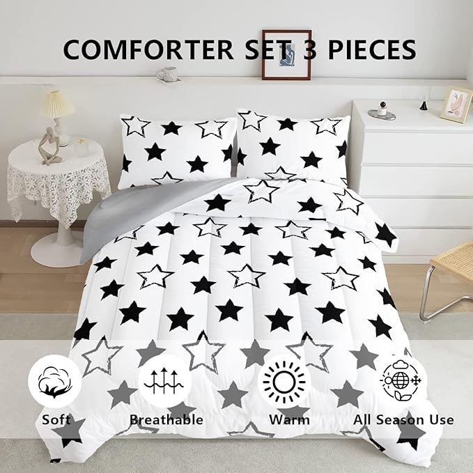 Axolotl Kids Twin Bedding Comforter Set,3Pcs Super Cute Soft Black and White Stars Quilt Set Bed in A Bag with 1 Comforter 2 Pillowcases for Kids Boys Girls Teens Adults Room Decor All Season - LeafyLoom
