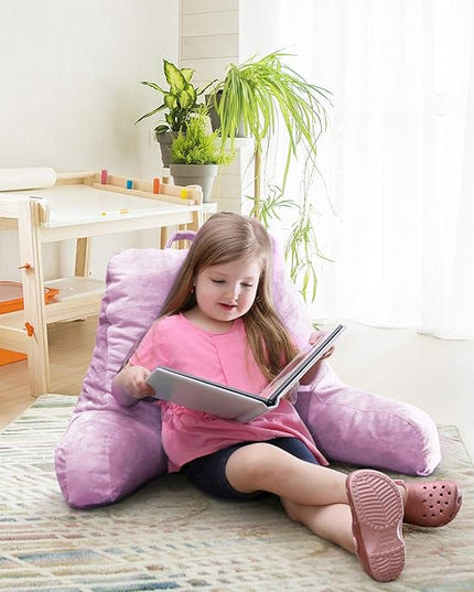 Clara Clark Reading Pillow for Kids, Small Back Pillow for Sitting Up in Bed, Memory Foam Back Support Pillow, Reading Pillows for Sitting in Bed, Lavender Gaming Pillow for Bed with Arms and Pockets - LeafyLoom