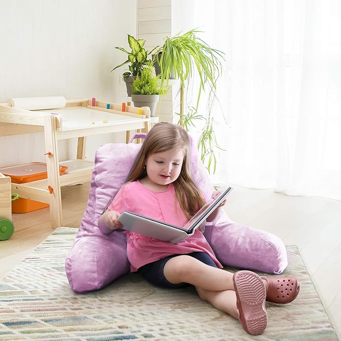 Clara Clark Reading Pillow for Kids, Small Back Pillow for Sitting Up in Bed, Memory Foam Back Support Pillow, Reading Pillows for Sitting in Bed, Lavender Gaming Pillow for Bed with Arms and Pockets - LeafyLoom
