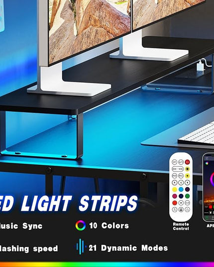 Gaming Desk with Led Light & Power Outlets, 55" Computer Desk with Wooden Drawers and Monitor Stand, Office Desk with Shelves and 2 Headphone Hooks, Work Desk for Home Office,Black - LeafyLoom